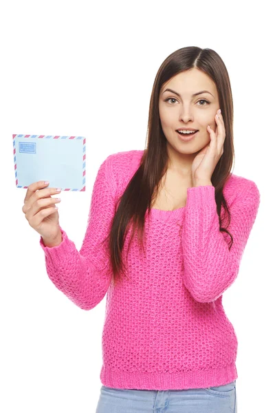 Surprised woman with envelope — Stock Photo, Image