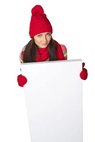 Mujer de invierno con pancarta en blanco —  Fotos de Stock