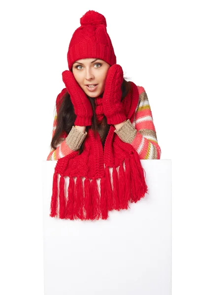 Winterfrau mit leerem Banner — Stockfoto