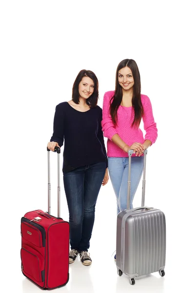 Two friends girls with travel suitcases — Stock Photo, Image