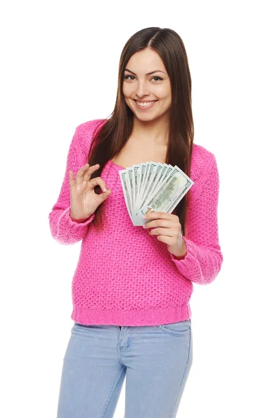 Vrouw toont ons dollar geld — Stockfoto