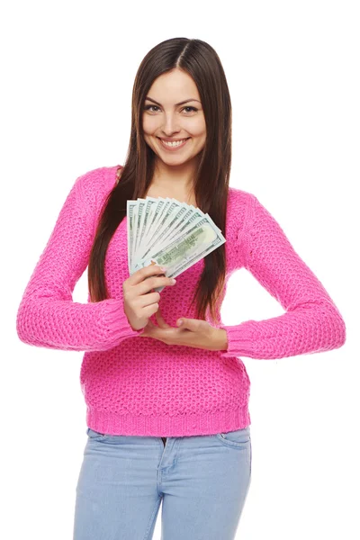 Vrouw toont ons dollar geld — Stockfoto