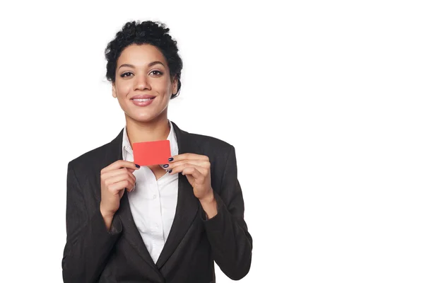 Business woman showing blank credit card — Stock Photo, Image