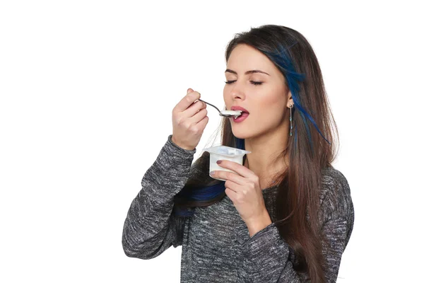 Evés joghurt egészséges nő — Stock Fotó