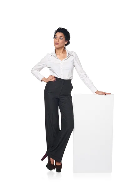 Business woman with blank white board — Stock Photo, Image