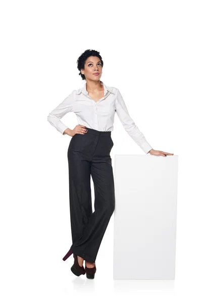 Business woman with blank white board — Stock Photo, Image