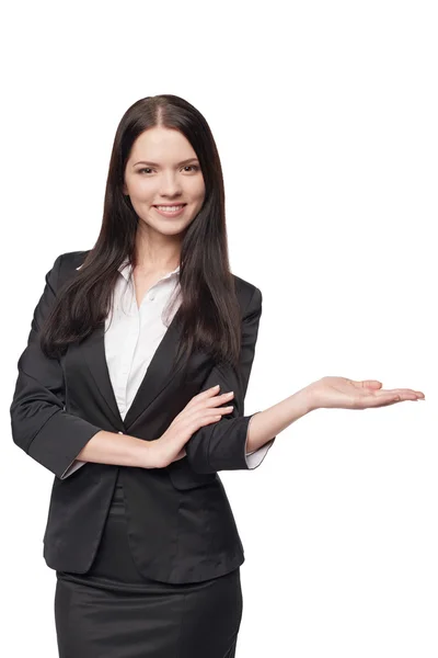 Business woman showing open hand palm — Stock Photo, Image