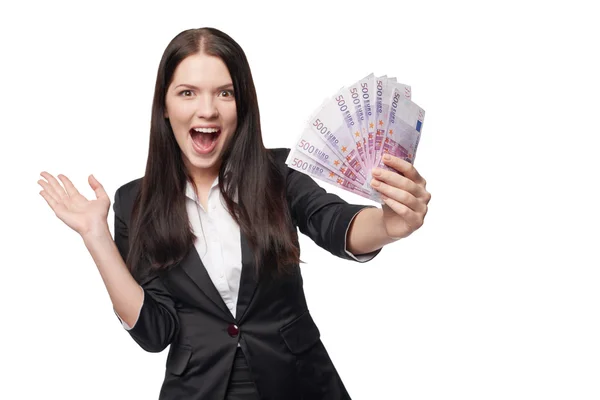 Возбужденная женщина с деньгами евро в руке — стоковое фото