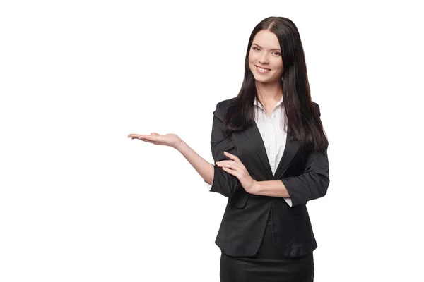 Business woman visar öppen hand palm — Stockfoto