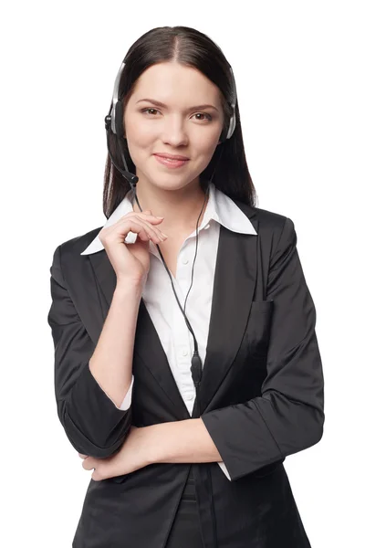 Mujer atractiva sonriente con auriculares — Foto de Stock