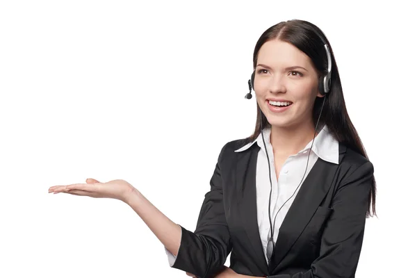 Business woman showing open hand palm — Stock Photo, Image