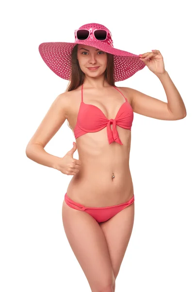 Femme en maillot de bain rose et chapeau — Photo