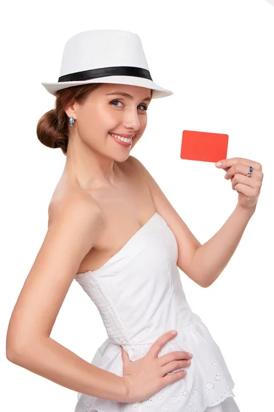 Zomer vrouw weergegeven: creditcard met kopie ruimte — Stockfoto