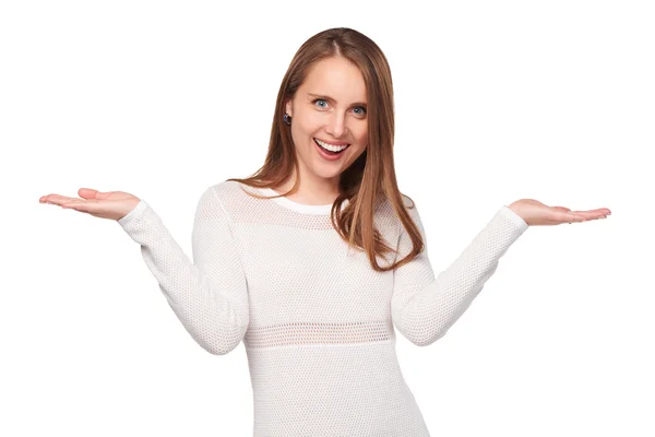 Surprised woman showing open hand palm — Stock Photo, Image