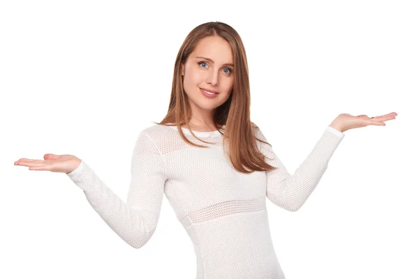 Surprised woman showing open hand palm — Stock Photo, Image