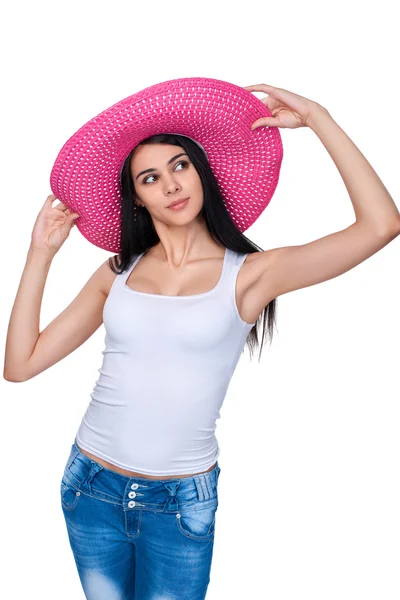 Wanita santai dengan topi jerami merah muda — Stok Foto
