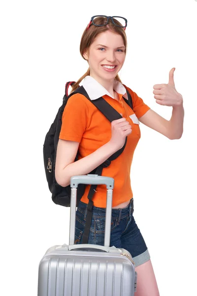 Menina sorridente com mochila e mala — Fotografia de Stock