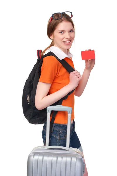 Menina sorridente com mochila e mala — Fotografia de Stock