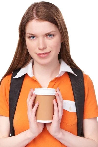 Teen girl holding disposable paper cup — Stock Photo, Image