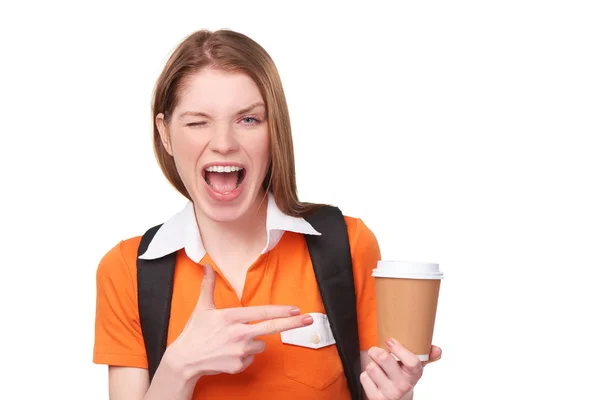 Teen girl holding disposable paper cup — Stock Photo, Image