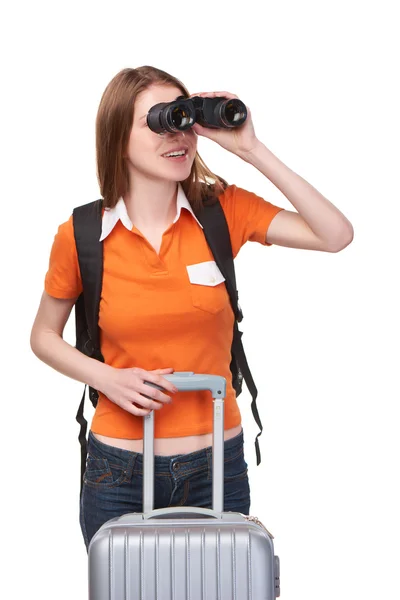 Teen girl looking through binoculars — Stock Photo, Image