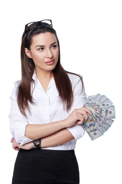 Улыбающаяся деловая женщина с нашим долларом — стоковое фото