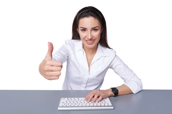 Happy smiling businesswoman with thumb up — Stock Photo, Image