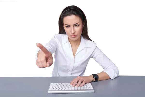 Business woman pointing at imaginary button — Stock Photo, Image