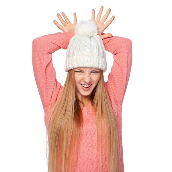 Girl gesturing imitating deer antlers — Stock Photo, Image