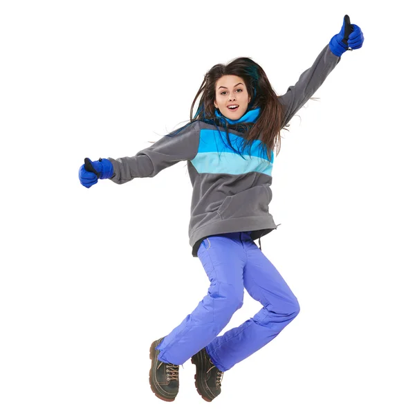 Mulher de inverno pulando — Fotografia de Stock
