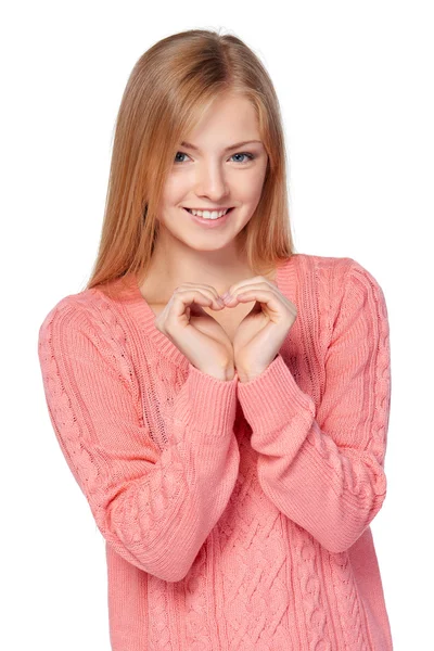 Sonriente mujer mostrando el corazón con las manos —  Fotos de Stock