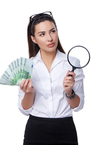 Mujer de negocios con billetes en euros — Foto de Stock