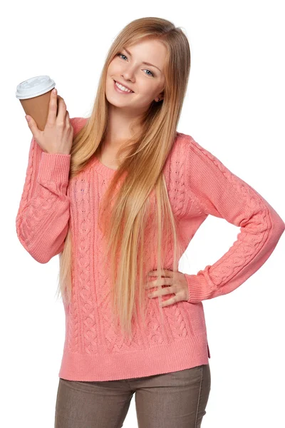 Woman holding disposable paper cup — Stock Photo, Image