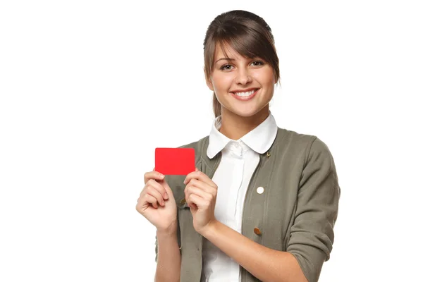 Joven mujer de negocios sonriente sosteniendo tarjeta de crédito —  Fotos de Stock