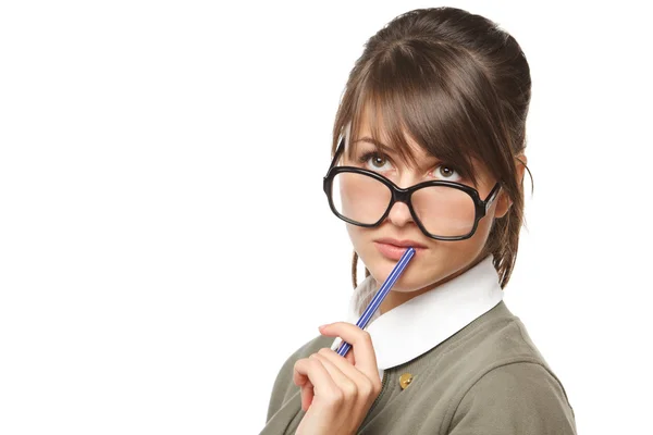 Pensive female wearing old fashioned eyeglasses looking up — Stock Fotó