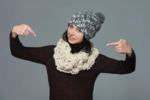 Smiling woman pointing at herself — Stock Photo, Image