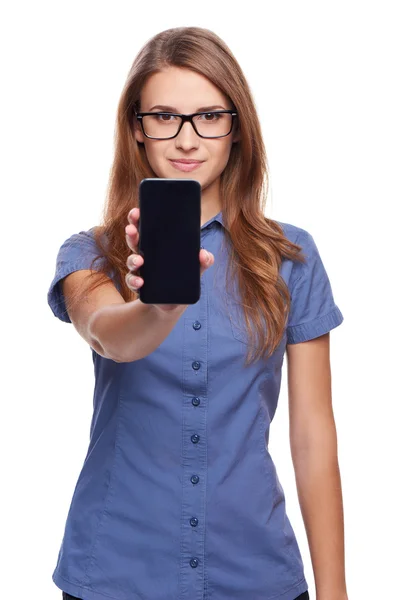 Woman showing blank black smart phone screen — Stock Photo, Image