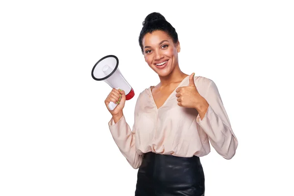 Woman hold loudspeaker — Stock Photo, Image