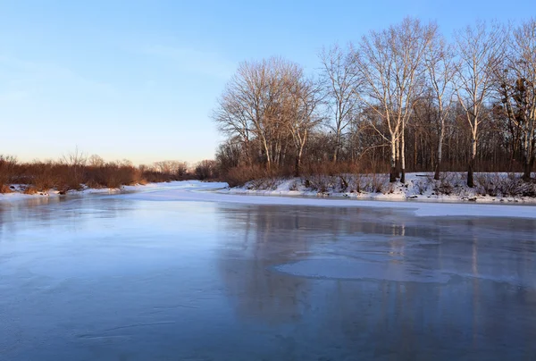 Winterlandschaft mit gefrorenem Fluss und Birken — Stockfoto