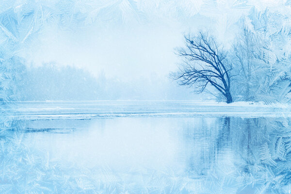 Зимний пейзаж с деревом у реки
