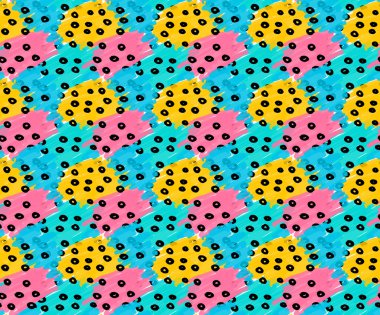 Marker siyah noktalı mavi pembe sarı yamalar çizilmiş