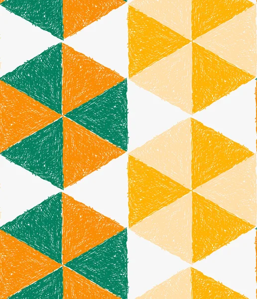 Triangles vert orangé éclos au crayon et jaune formant hexagone — Image vectorielle