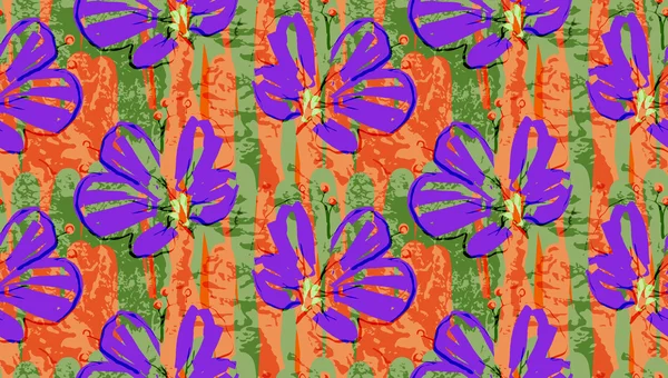 Grande fleur violette sur grunge vert et orange texturé — Image vectorielle