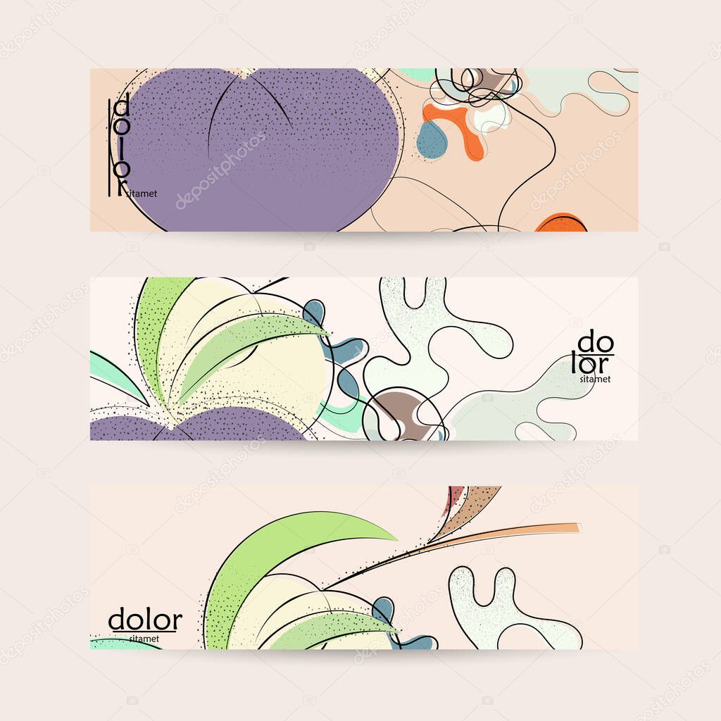 Abstract vintage style fruit banner template. Grunge textured with flat colors. Smooth curvy hand drawn line art.