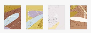 Minimum soyut vektör kaplama şablonu. Organik grunge, üst üste binen dalgalı şekiller ve çizgiler. El yazısıyla çizilmiş pastel renkli arka plan. Çizgili noktalı yaprak formları. Çağdaş tasarım.
