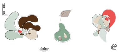 Soyut el çizimi vektör sanatsal logo seti beyaza izole edildi. Çizgi sanatsal çizim ve doku. Retro düz renkler organik doğal Eko gıda tasarımı. Organik sağlıklı vejetaryen karalaması..