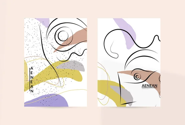 現代的な連続的な1行無料の手描き シンプルなカラフルな有機パステルの形とラインと現代抽象的なグラフィックスタイルのロゴの肖像画 フライヤーモックアップで影オーバーレイ — ストックベクタ