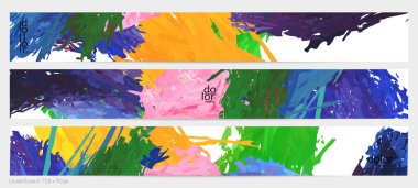 Abstract vector horizontal banner template. Colorful brush stoke imitation of watercolor paint. Dimensional layered feather rainbow colored texture. Creative artistic advertising leaderboard. clipart