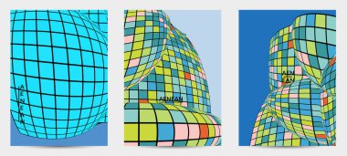 Kare piksel mozaik şekli bozulmuş. Düz retro renklerin üzerine siyah tel çerçeve. Soyut hava balonu vektör arkaplanı.