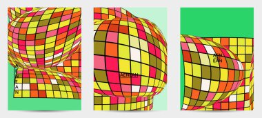 Kare piksel mozaik şekli bozulmuş. Düz retro renklerin üzerine siyah tel çerçeve. Soyut hava balonu vektör arkaplanı.